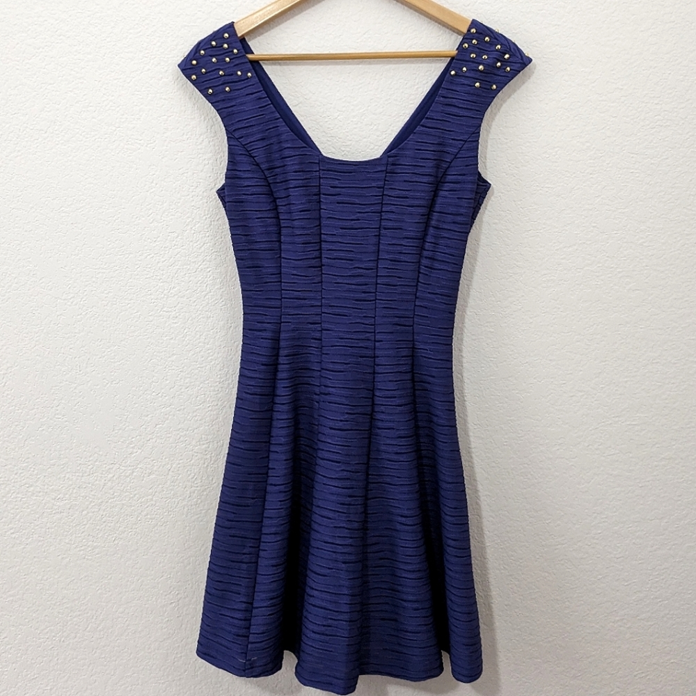 Guess Fit and Flare Dress with Gold Studded Embellishments, Navy Blue